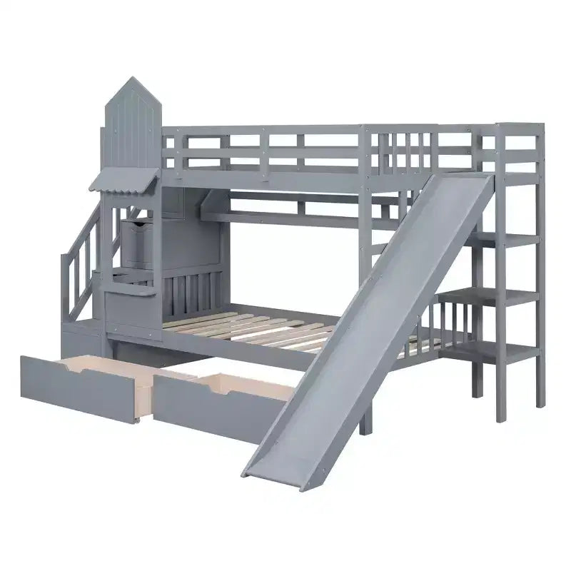 Bellemave Letto a castello singolo a forma di castello con 2 cassetti, 3 ripiani e scivolo, letto a soppalco principessa per bambini, ragazzi, ragazze