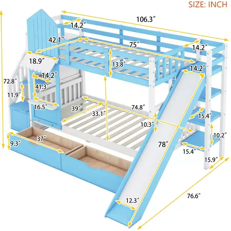 Bellemave Letto a castello singolo a forma di castello con 2 cassetti, 3 ripiani e scivolo, letto a soppalco principessa per bambini, ragazzi, ragazze