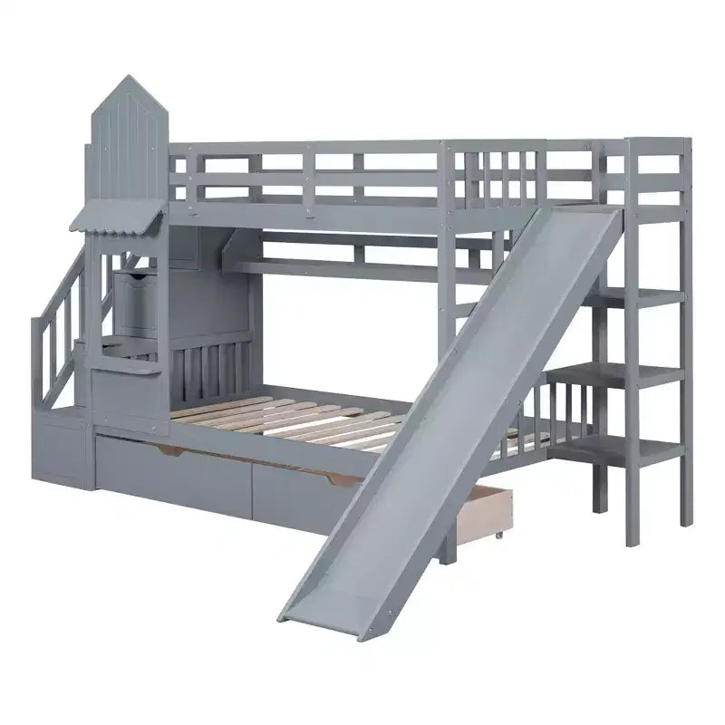 Bellemave Letto a castello singolo a forma di castello con 2 cassetti, 3 ripiani e scivolo, letto a soppalco principessa per bambini, ragazzi, ragazze