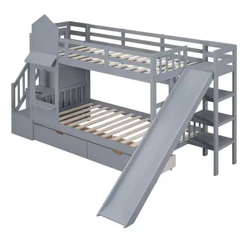 Bellemave Letto a castello singolo a forma di castello con 2 cassetti, 3 ripiani e scivolo, letto a soppalco principessa per bambini, ragazzi, ragazze