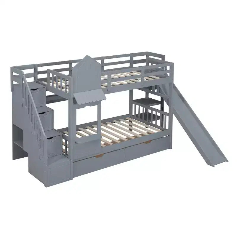 Bellemave Letto a castello singolo a forma di castello con 2 cassetti, 3 ripiani e scivolo, letto a soppalco principessa per bambini, ragazzi, ragazze