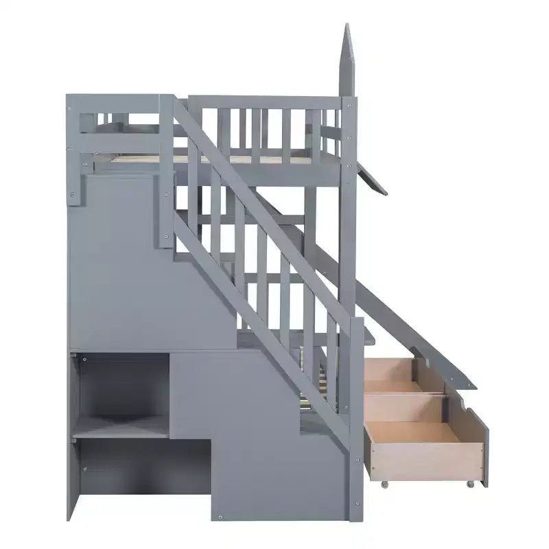 Bellemave Letto a castello singolo a forma di castello con 2 cassetti, 3 ripiani e scivolo, letto a soppalco principessa per bambini, ragazzi, ragazze
