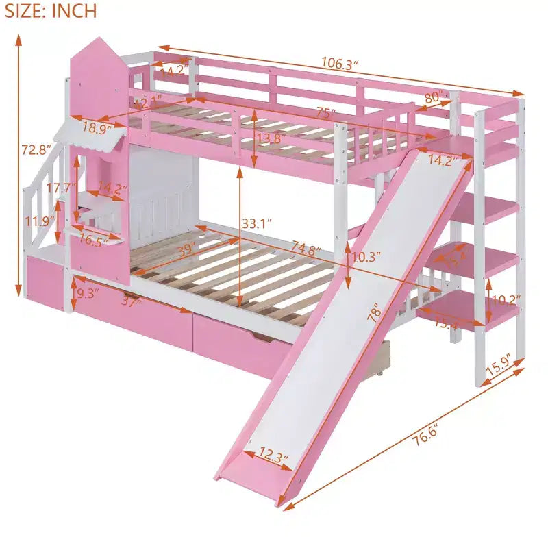 Bellemave Letto a castello singolo a forma di castello con 2 cassetti, 3 ripiani e scivolo, letto a soppalco principessa per bambini, ragazzi, ragazze