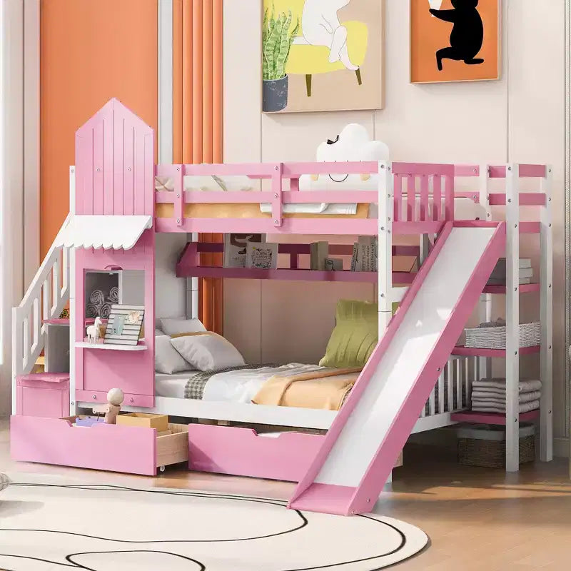 Bellemave Letto a castello singolo a forma di castello con 2 cassetti, 3 ripiani e scivolo, letto a soppalco principessa per bambini, ragazzi, ragazze