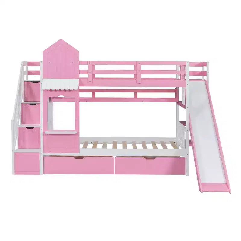 Bellemave Letto a castello singolo a forma di castello con 2 cassetti, 3 ripiani e scivolo, letto a soppalco principessa per bambini, ragazzi, ragazze