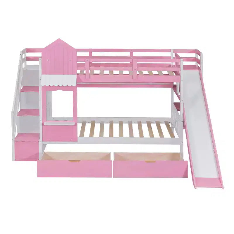Bellemave Letto a castello singolo a forma di castello con 2 cassetti, 3 ripiani e scivolo, letto a soppalco principessa per bambini, ragazzi, ragazze