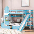 Bellemave Letto a castello singolo a forma di castello con 2 cassetti, 3 ripiani e scivolo, letto a soppalco principessa per bambini, ragazzi, ragazze