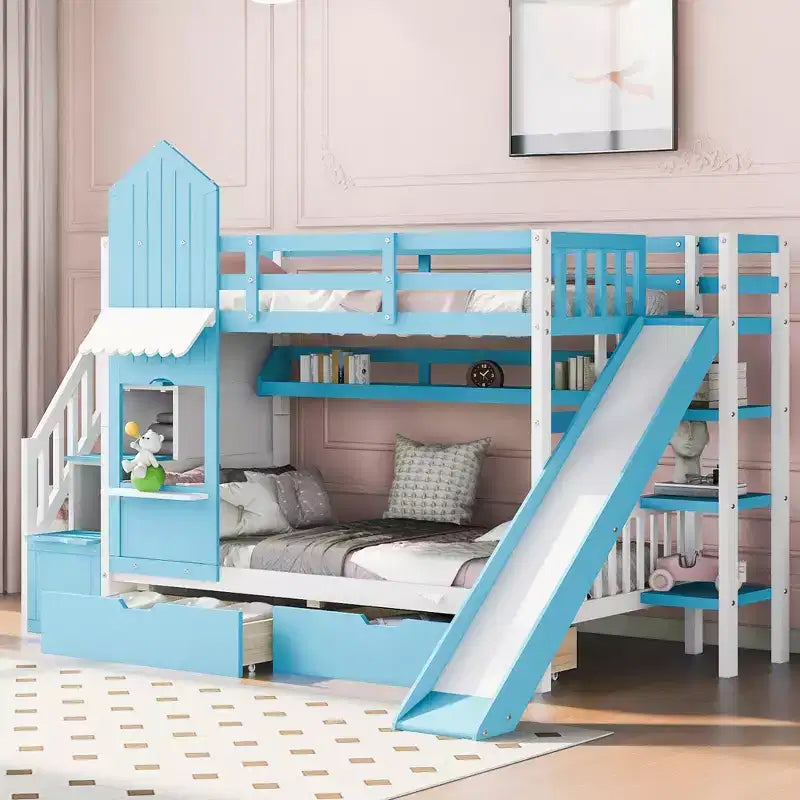 Bellemave Letto a castello singolo a forma di castello con 2 cassetti, 3 ripiani e scivolo, letto a soppalco principessa per bambini, ragazzi, ragazze