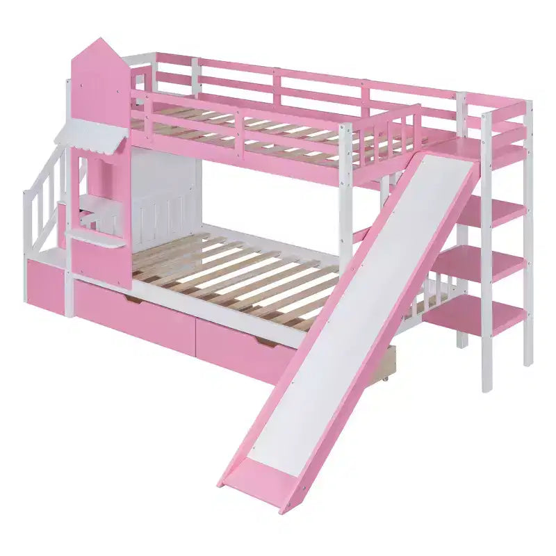 Bellemave Letto a castello singolo a forma di castello con 2 cassetti, 3 ripiani e scivolo, letto a soppalco principessa per bambini, ragazzi, ragazze