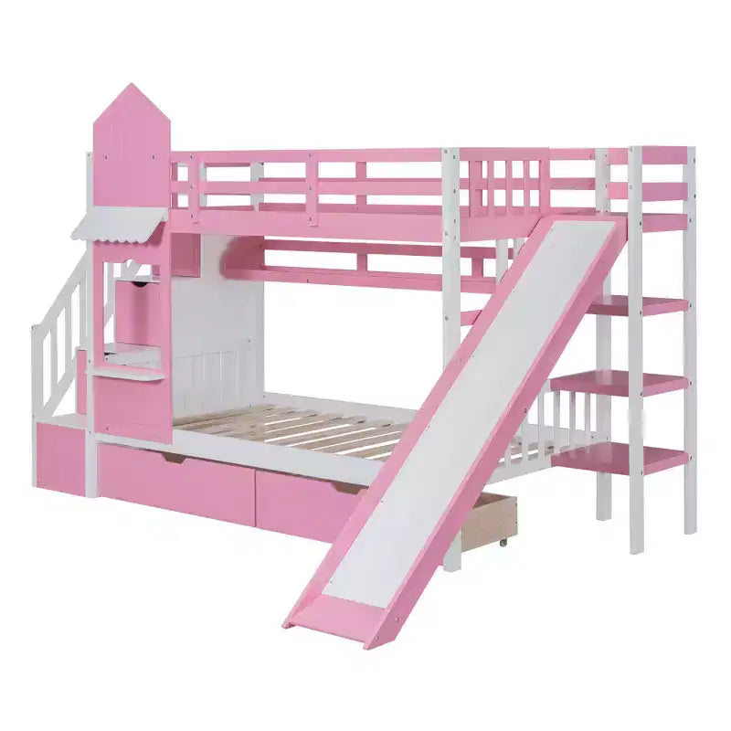 Bellemave Letto a castello singolo a forma di castello con 2 cassetti, 3 ripiani e scivolo, letto a soppalco principessa per bambini, ragazzi, ragazze