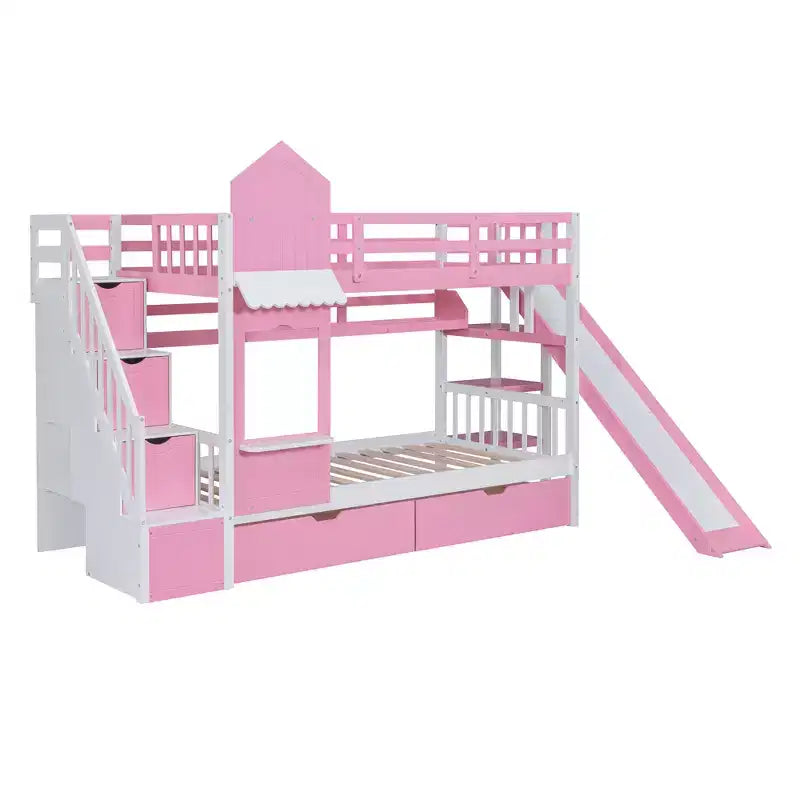 Bellemave Letto a castello singolo a forma di castello con 2 cassetti, 3 ripiani e scivolo, letto a soppalco principessa per bambini, ragazzi, ragazze