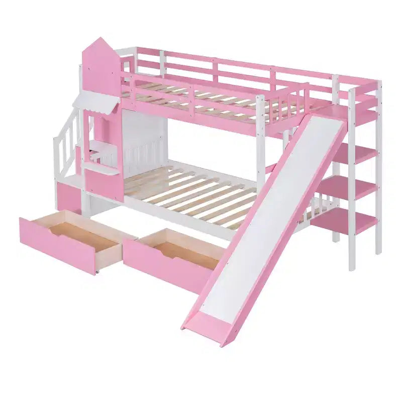 Bellemave Letto a castello singolo a forma di castello con 2 cassetti, 3 ripiani e scivolo, letto a soppalco principessa per bambini, ragazzi, ragazze