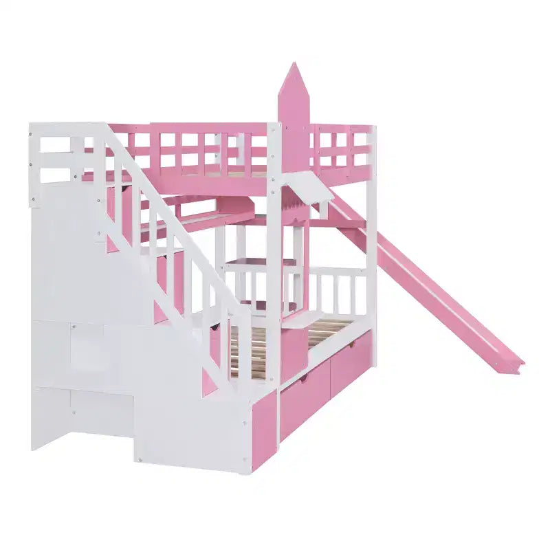 Bellemave Letto a castello singolo a forma di castello con 2 cassetti, 3 ripiani e scivolo, letto a soppalco principessa per bambini, ragazzi, ragazze