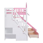 Bellemave Letto a castello singolo a forma di castello con 2 cassetti, 3 ripiani e scivolo, letto a soppalco principessa per bambini, ragazzi, ragazze