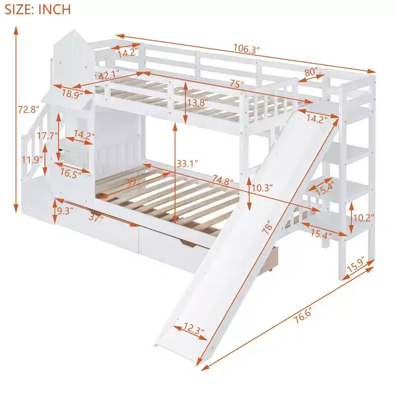 Bellemave Letto a castello singolo a forma di castello con 2 cassetti, 3 ripiani e scivolo, letto a soppalco principessa per bambini, ragazzi, ragazze
