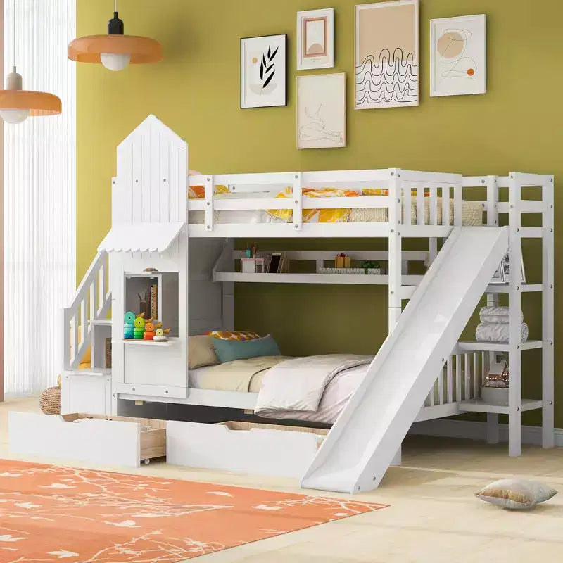 Bellemave Letto a castello singolo a forma di castello con 2 cassetti, 3 ripiani e scivolo, letto a soppalco principessa per bambini, ragazzi, ragazze