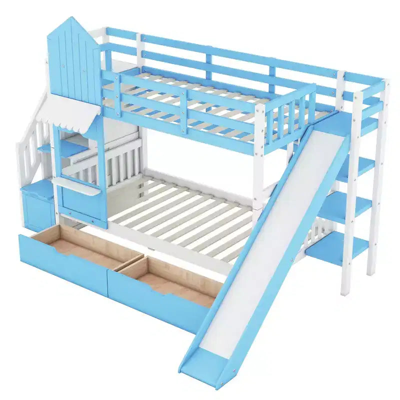 Bellemave Letto a castello singolo a forma di castello con 2 cassetti, 3 ripiani e scivolo, letto a soppalco principessa per bambini, ragazzi, ragazze