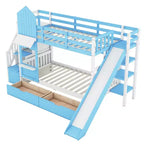 Bellemave Letto a castello singolo a forma di castello con 2 cassetti, 3 ripiani e scivolo, letto a soppalco principessa per bambini, ragazzi, ragazze