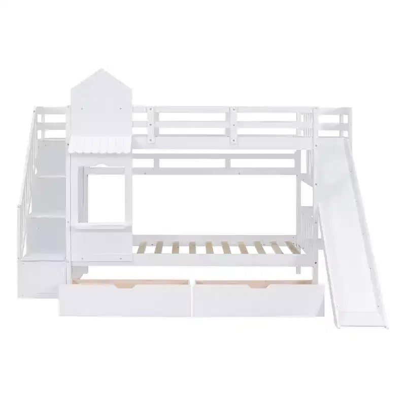 Bellemave Letto a castello singolo a forma di castello con 2 cassetti, 3 ripiani e scivolo, letto a soppalco principessa per bambini, ragazzi, ragazze