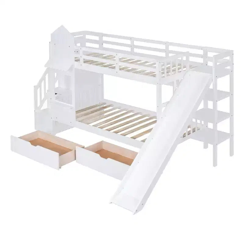Bellemave Letto a castello singolo a forma di castello con 2 cassetti, 3 ripiani e scivolo, letto a soppalco principessa per bambini, ragazzi, ragazze