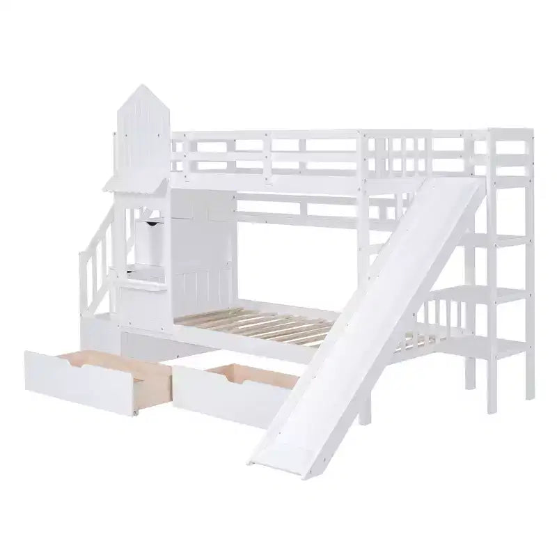 Bellemave Letto a castello singolo a forma di castello con 2 cassetti, 3 ripiani e scivolo, letto a soppalco principessa per bambini, ragazzi, ragazze