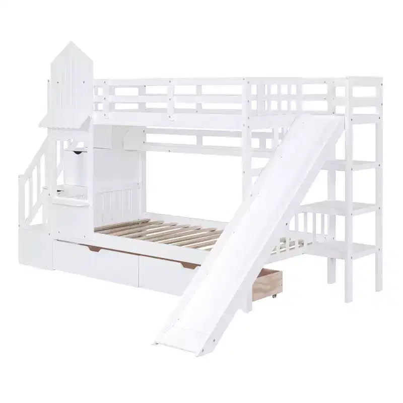 Bellemave Letto a castello singolo a forma di castello con 2 cassetti, 3 ripiani e scivolo, letto a soppalco principessa per bambini, ragazzi, ragazze
