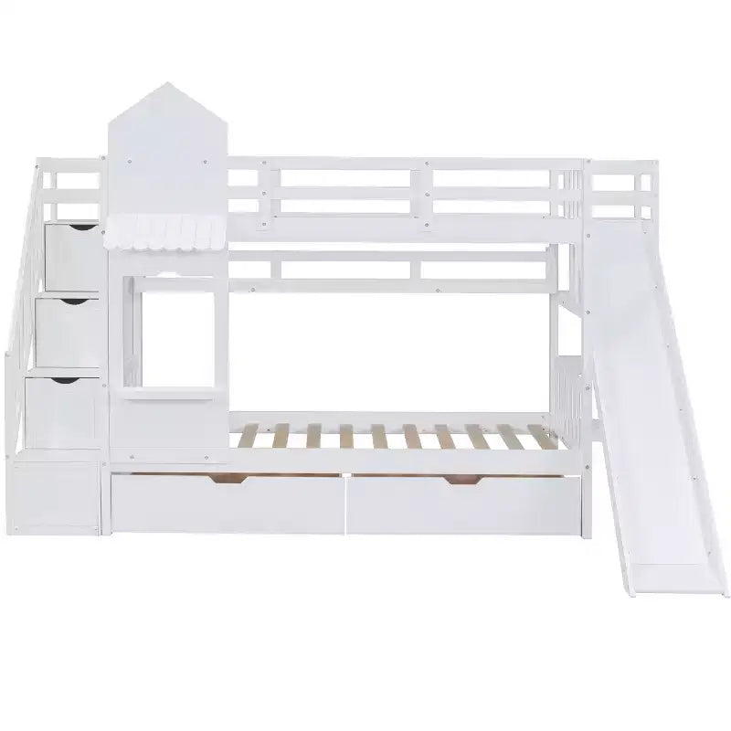Bellemave Letto a castello singolo a forma di castello con 2 cassetti, 3 ripiani e scivolo, letto a soppalco principessa per bambini, ragazzi, ragazze