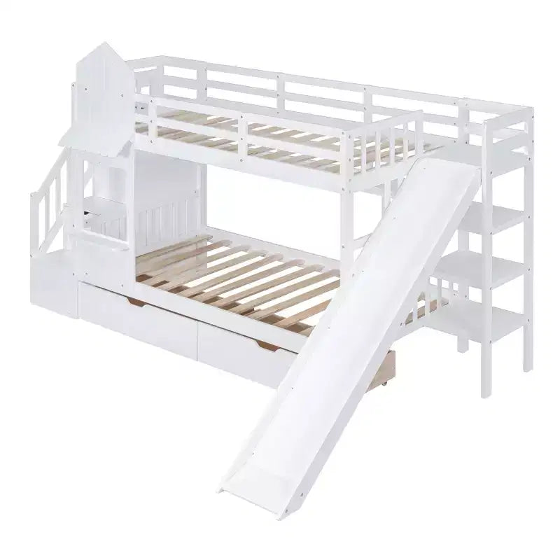 Bellemave Letto a castello singolo a forma di castello con 2 cassetti, 3 ripiani e scivolo, letto a soppalco principessa per bambini, ragazzi, ragazze