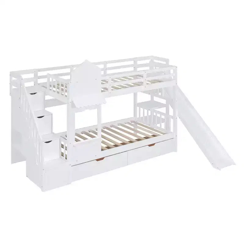 Bellemave Letto a castello singolo a forma di castello con 2 cassetti, 3 ripiani e scivolo, letto a soppalco principessa per bambini, ragazzi, ragazze