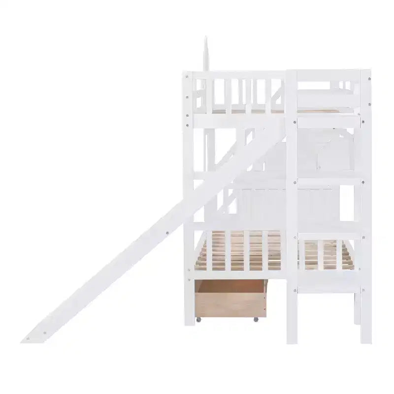 Bellemave Letto a castello singolo a forma di castello con 2 cassetti, 3 ripiani e scivolo, letto a soppalco principessa per bambini, ragazzi, ragazze