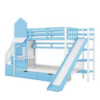 Bellemave Letto a castello singolo a forma di castello con 2 cassetti, 3 ripiani e scivolo, letto a soppalco principessa per bambini, ragazzi, ragazze