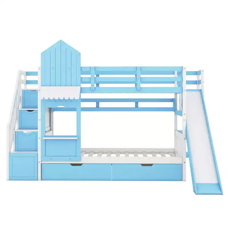 Bellemave Letto a castello singolo a forma di castello con 2 cassetti, 3 ripiani e scivolo, letto a soppalco principessa per bambini, ragazzi, ragazze