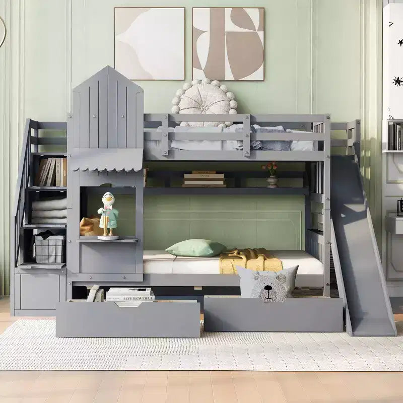 Bellemave Letto a castello singolo a forma di castello con 2 cassetti, 3 ripiani e scivolo, letto a soppalco principessa per bambini, ragazzi, ragazze