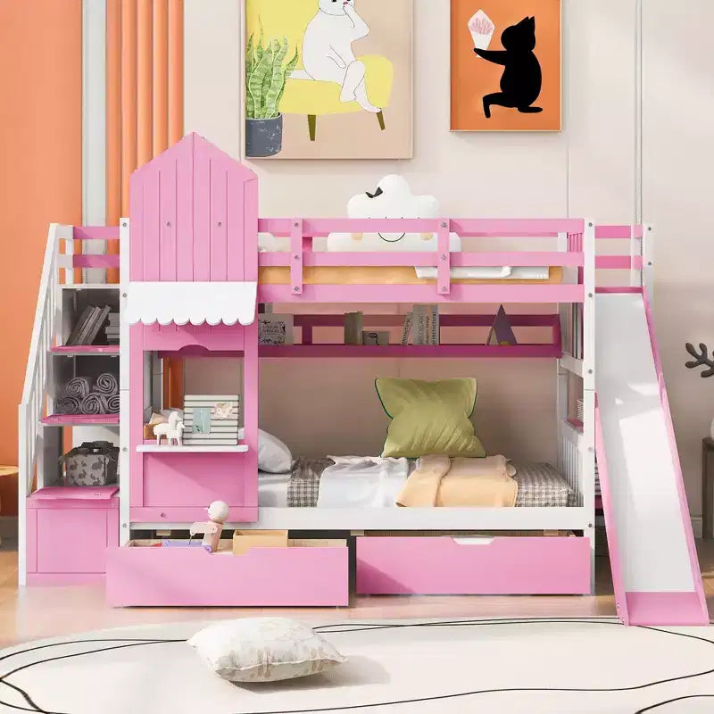 Bellemave Letto a castello singolo a forma di castello con 2 cassetti, 3 ripiani e scivolo, letto a soppalco principessa per bambini, ragazzi, ragazze