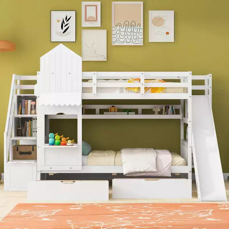 Bellemave Letto a castello singolo a forma di castello con 2 cassetti, 3 ripiani e scivolo, letto a soppalco principessa per bambini, ragazzi, ragazze