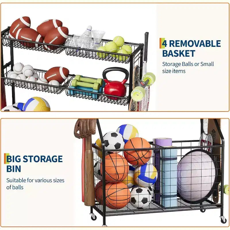 Organizzatore per attrezzature sportive, organizer per giocattoli sportivi da garage di grande capacità con ganci e cestini, carrello porta palloni mobile con ruote per l'organizzazione di giocattoli e attrezzature
