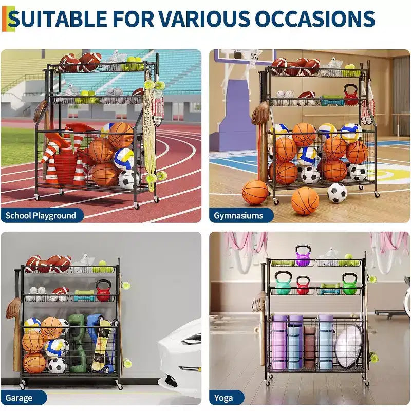 Organizzatore per attrezzature sportive, organizer per giocattoli sportivi da garage di grande capacità con ganci e cestini, carrello porta palloni mobile con ruote per l'organizzazione di giocattoli e attrezzature