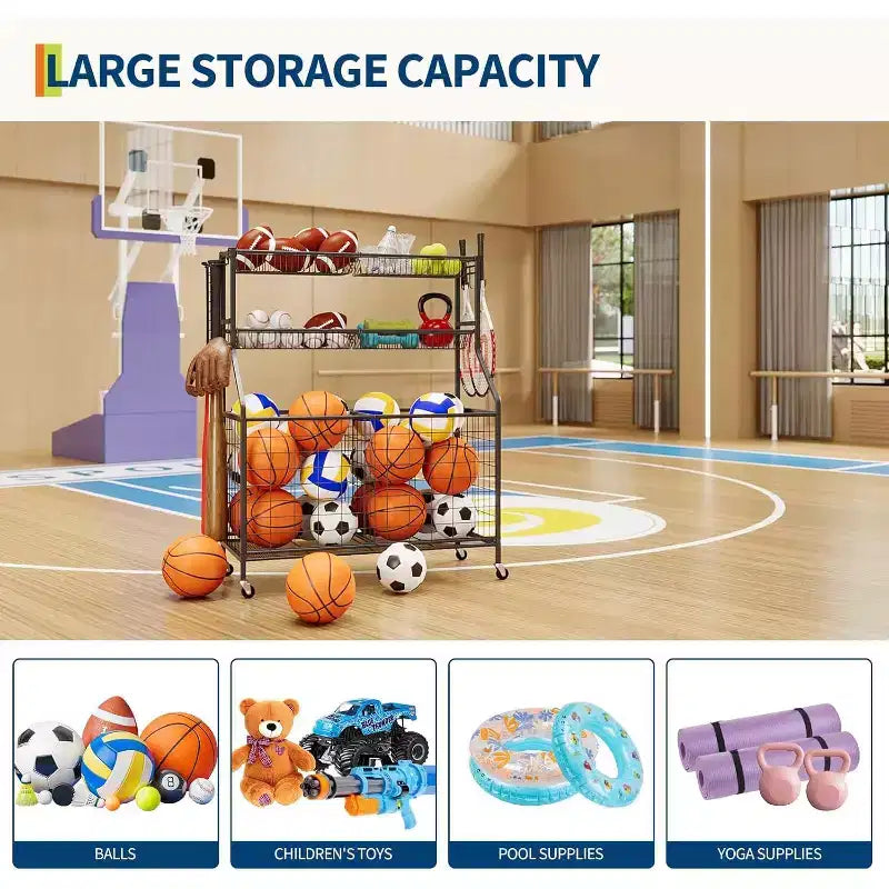 Organizzatore per attrezzature sportive, organizer per giocattoli sportivi da garage di grande capacità con ganci e cestini, carrello porta palloni mobile con ruote per l'organizzazione di giocattoli e attrezzature