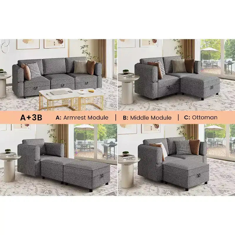 Divano componibile a 3 posti trasformabile a U con penisola reversibile/sedute contenitore/pouf in ciniglia grigia