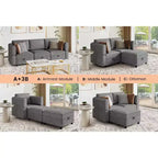 Divano componibile a 3 posti trasformabile a U con penisola reversibile/sedute contenitore/pouf in ciniglia grigia