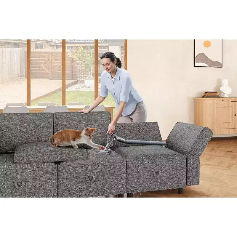 Divano componibile a 3 posti trasformabile a U con penisola reversibile/sedute contenitore/pouf in ciniglia grigia