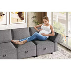 Divano componibile a 3 posti trasformabile a U con penisola reversibile/sedute contenitore/pouf in ciniglia grigia