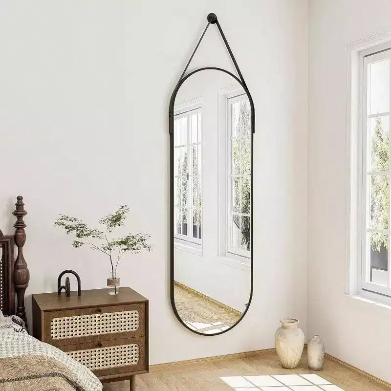 Specchio Ovale a Figura Intera (48x16) - Cornice in Alluminio Nero e Cinghia in Pelle. Per Bagno, Soggiorno, Ingresso