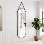 Specchio Ovale a Figura Intera (48x16) - Cornice in Alluminio Nero e Cinghia in Pelle. Per Bagno, Soggiorno, Ingresso