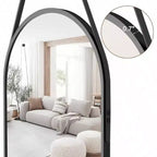 Specchio Ovale a Figura Intera (48x16) - Cornice in Alluminio Nero e Cinghia in Pelle. Per Bagno, Soggiorno, Ingresso