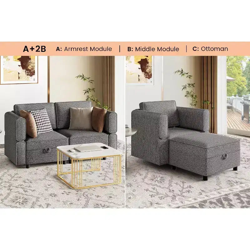 Set Sezionale Modulare 2 Pezzi, Divanetto Trasformabile in Letto da 52 pollici, Connettori Click Senza Utensili, 136 kg/Modulo, Ottomana Inclusa, Velluto a Coste, Grigio Scuro