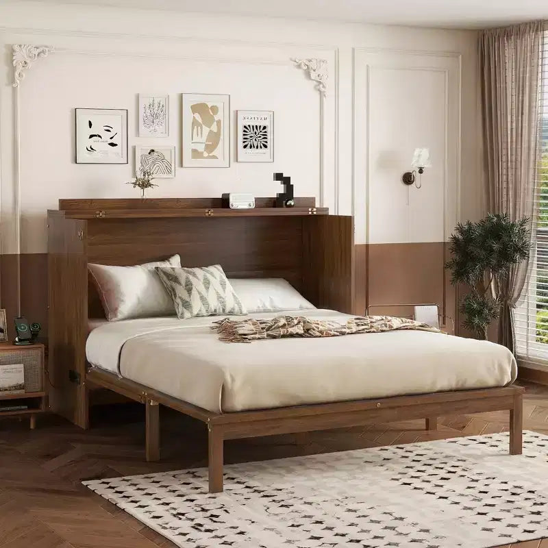 Struttura letto a scomparsa matrimoniale con porta USB e cassetto portaoggetti per camera da letto/camera degli ospiti, letto in legno di pino con decorazione in rattan