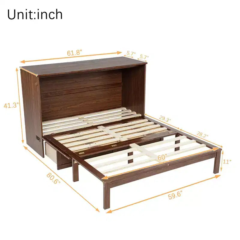 Struttura letto a scomparsa matrimoniale con porta USB e cassetto portaoggetti per camera da letto/camera degli ospiti, letto in legno di pino con decorazione in rattan
