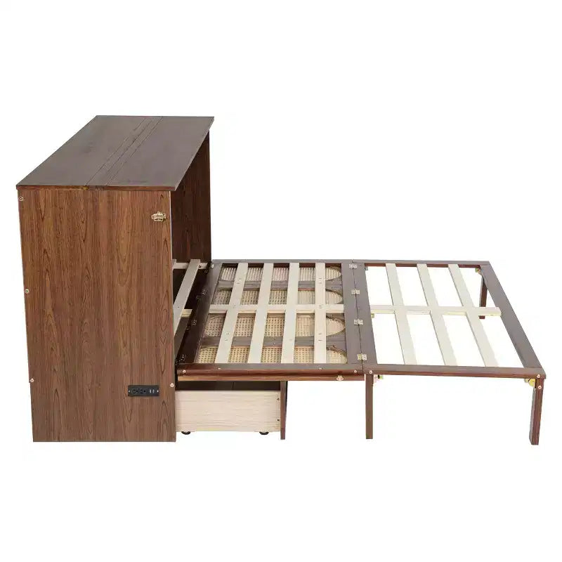Struttura letto a scomparsa matrimoniale con porta USB e cassetto portaoggetti per camera da letto/camera degli ospiti, letto in legno di pino con decorazione in rattan
