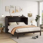 Struttura letto a scomparsa matrimoniale con porta USB e cassetto portaoggetti per camera da letto/camera degli ospiti, letto in legno di pino con decorazione in rattan